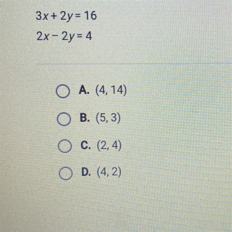 Use the elimination method to solve the system of equations. 3x + 2y = 16 2x - 2y-example-1