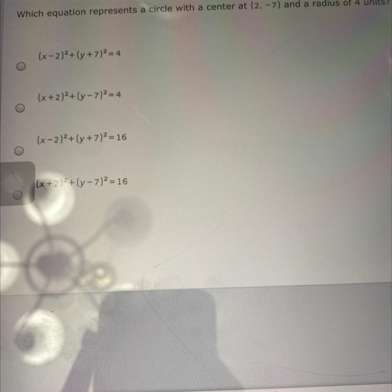 Which equation represent a circle with a center at (2,-7) and a radius of 4 units-example-1