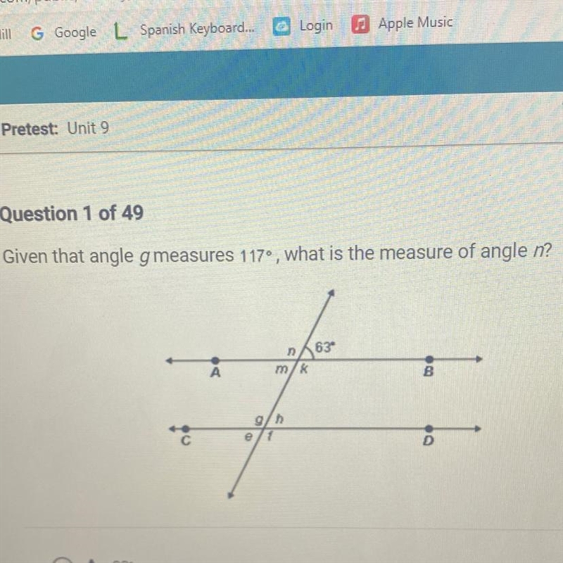 Given that angle g measures 117, what is the measure of angle n?-example-1