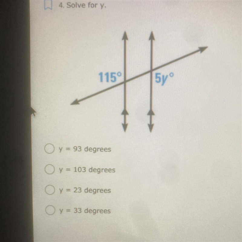 Solve for y. y = 93 degrees y = 103 degrees y = 23 degrees y = 33 degrees-example-1