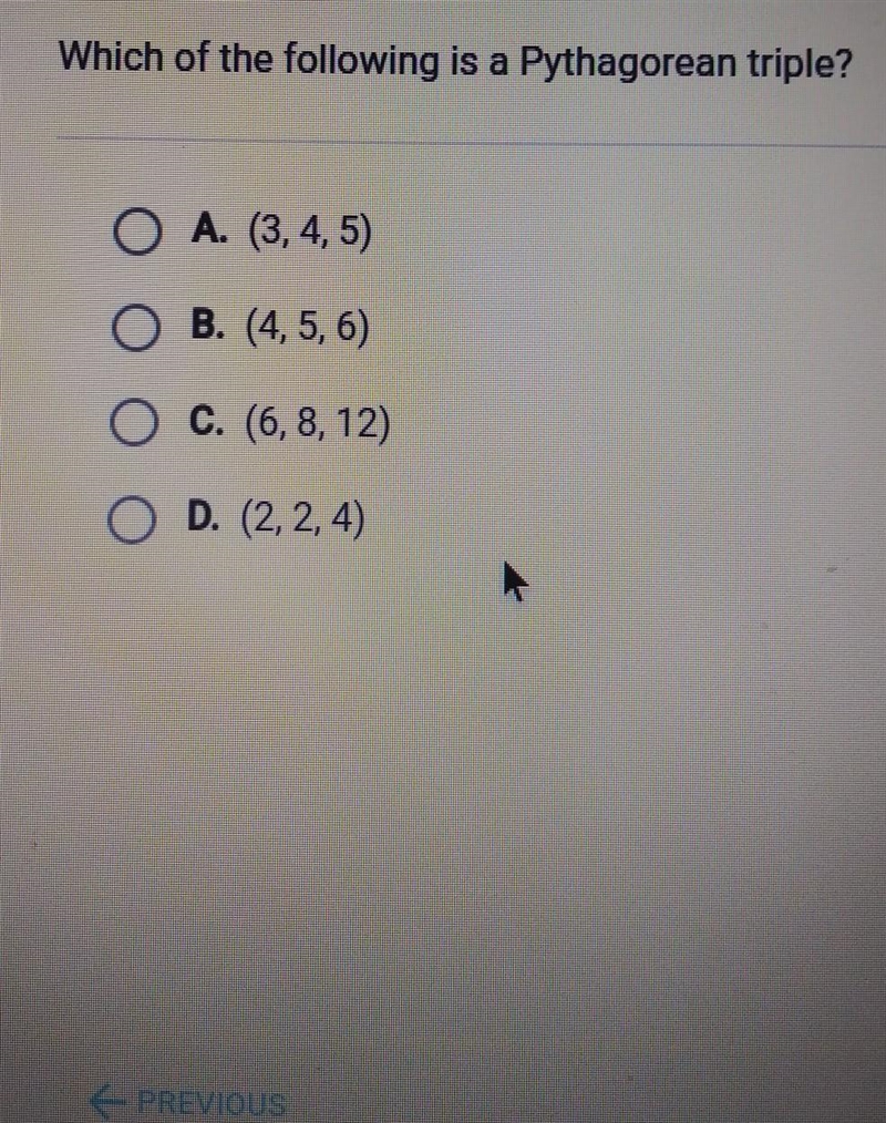 Which of the following is a pythagoren triple​-example-1