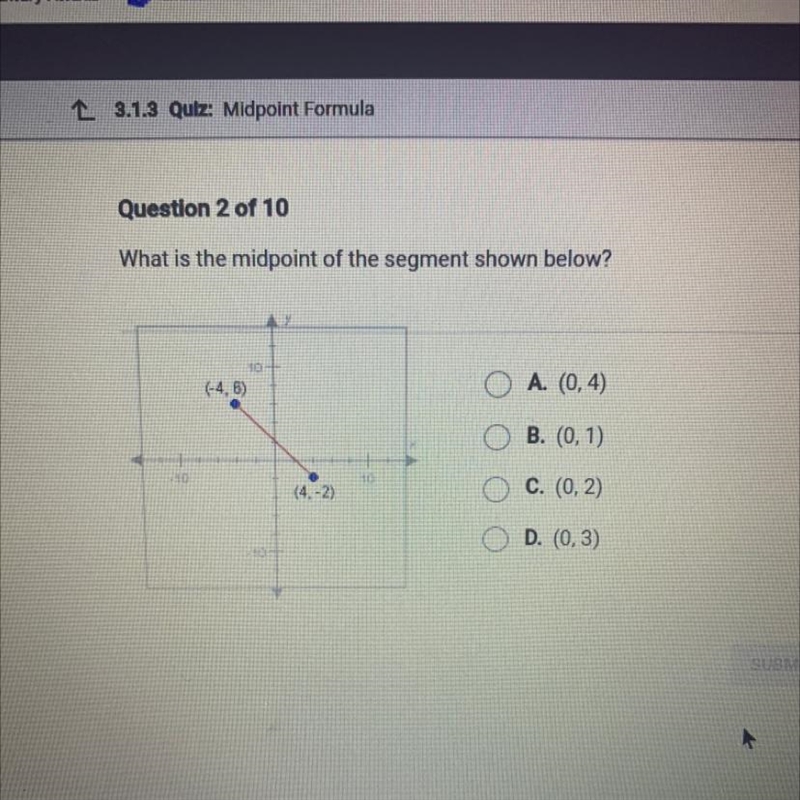 What is the midpoint of the segment shown below? (-4, 6) (4,-2) A. (0, 4) B. (0, 1) C-example-1