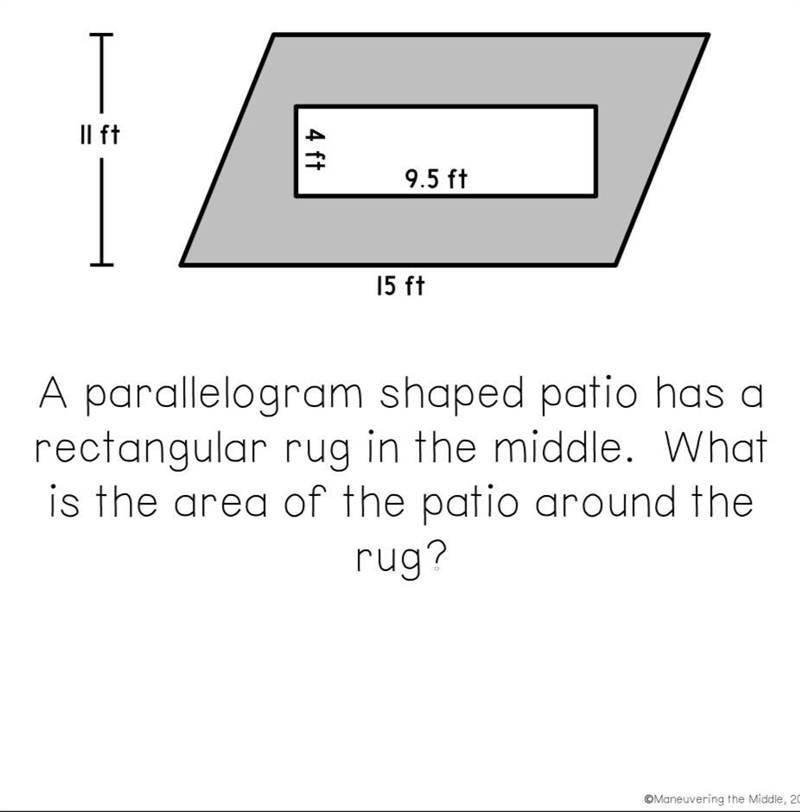 a parallelogram shaped patio has a rectangular rug in the middle jwhat is the area-example-1