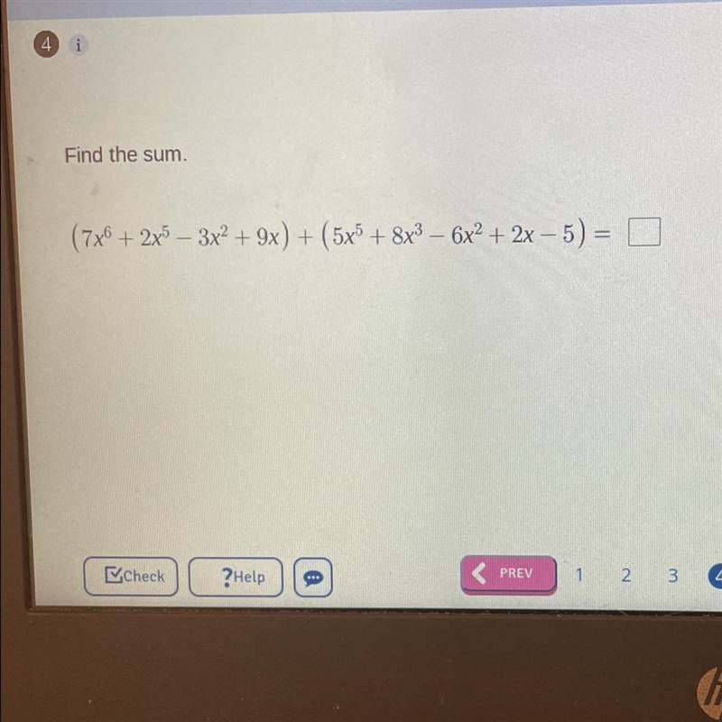 Find the sum (7x^6 + 2x^5 – 3x^2 + 9x) + (5x*5 + 8x^3 – 6x² + 2x - 5) =-example-1