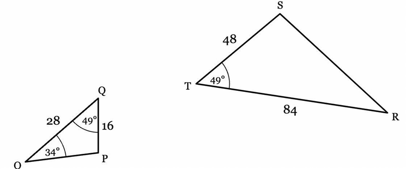 Determine if triangle OPQ and triangle RST are or are not similar, and, if they are-example-1