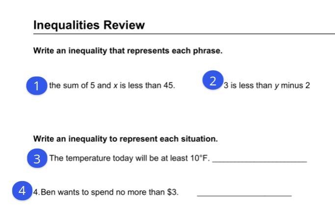 Please help me! Dont solve for 1 and 2 just write an inequality! [Inequalities Review-example-1