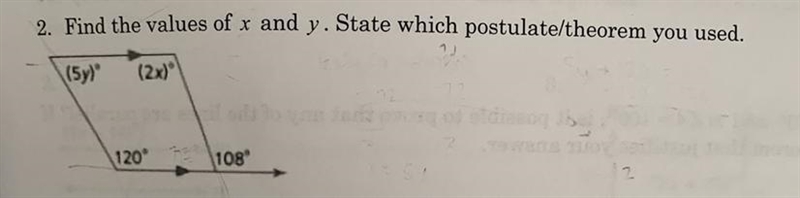 Find the values of x and y. State with postulate/theorem you used.-example-1