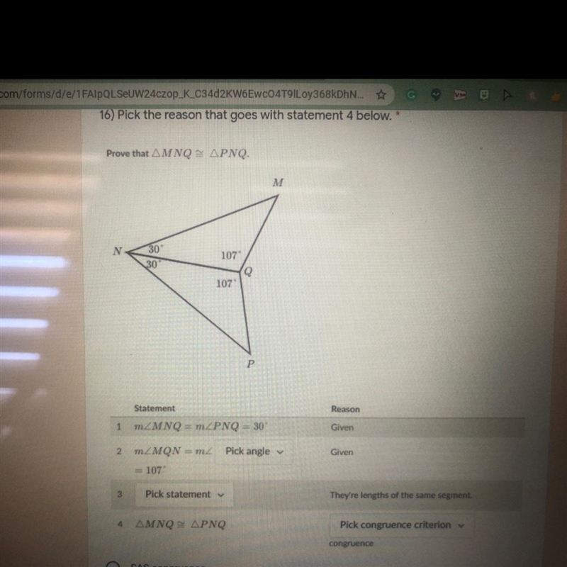 Prove that MNQ is congruent to PNQ (URGENT) help with all blanks-example-1