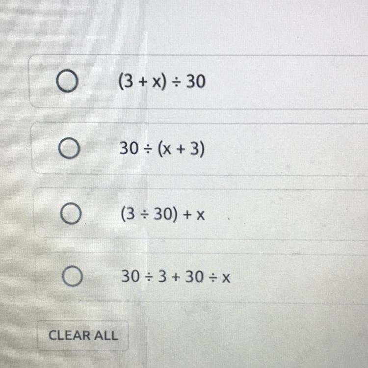 What expression is equivalent to 30 divided (3 + x)-example-1