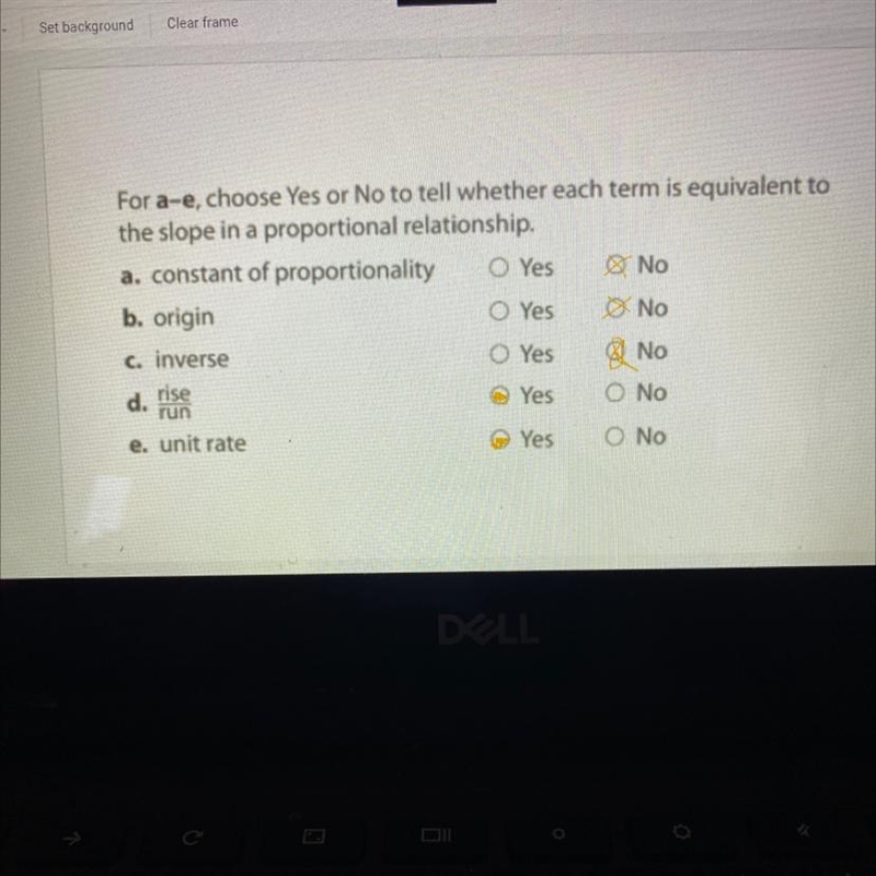 For a-e, choose Yes or No to tell whether each term is equivalent to the slope in-example-1