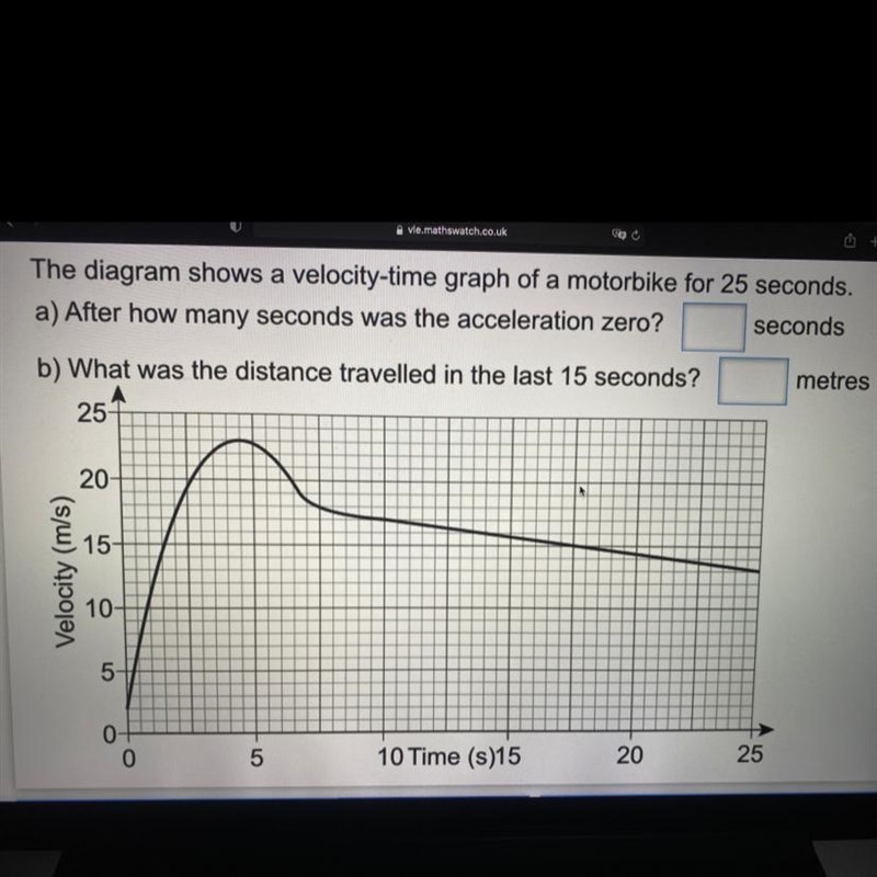 The diagram shows a velocity-time graph of a motorbike for 25 seconds. a) After how-example-1