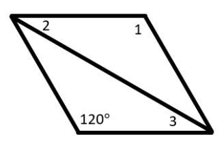 This is a rhombus. Using its properties, what is the measure of: Angle 1: ___ degrees-example-1