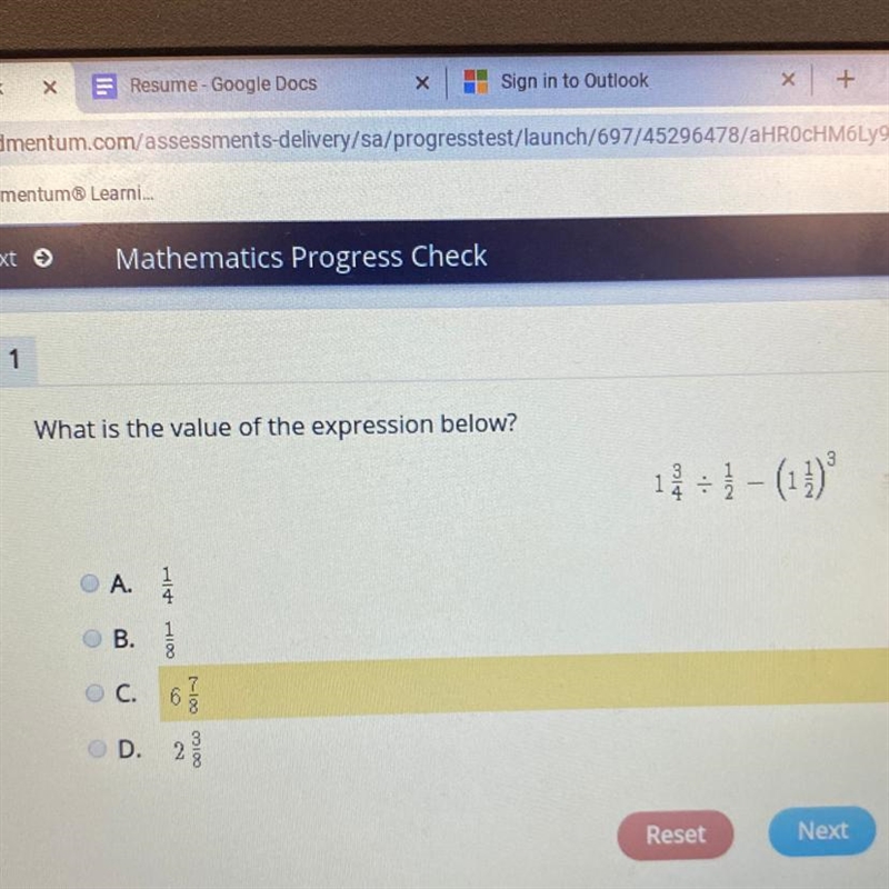 What is the value of the expression below? 1 3/4 divided by 1/2 minus (1 1/2)^3-example-1