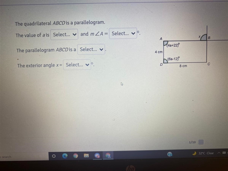 The quadrilateral ABCD is a parallelogram. The value of a is?-example-1