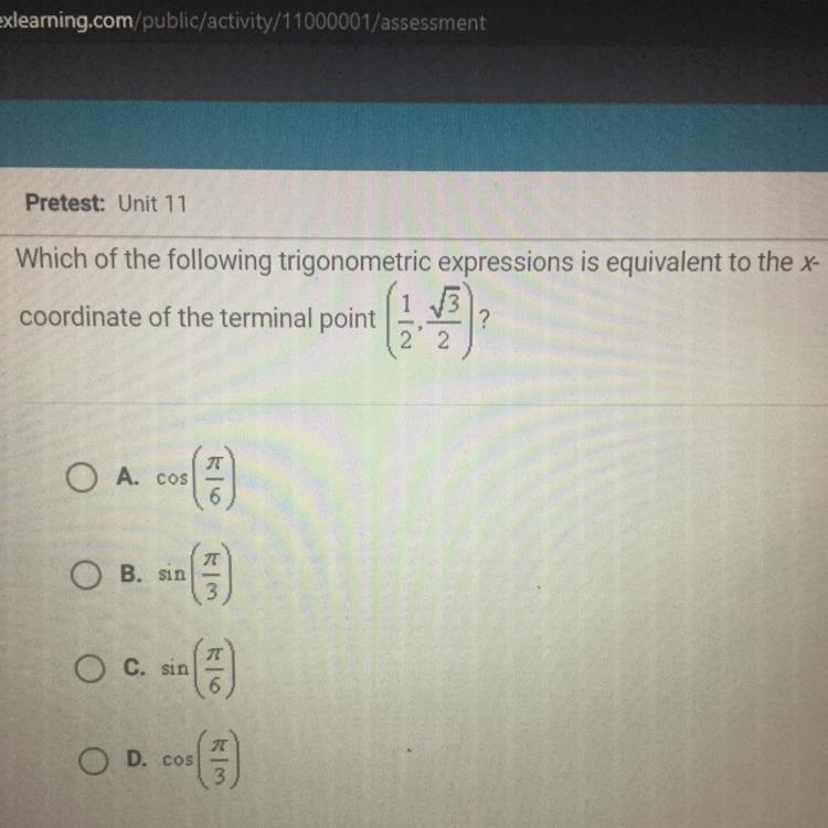 PLEASE HELP!!! Which of the following trigonometric expressions is equivalent to the-example-1