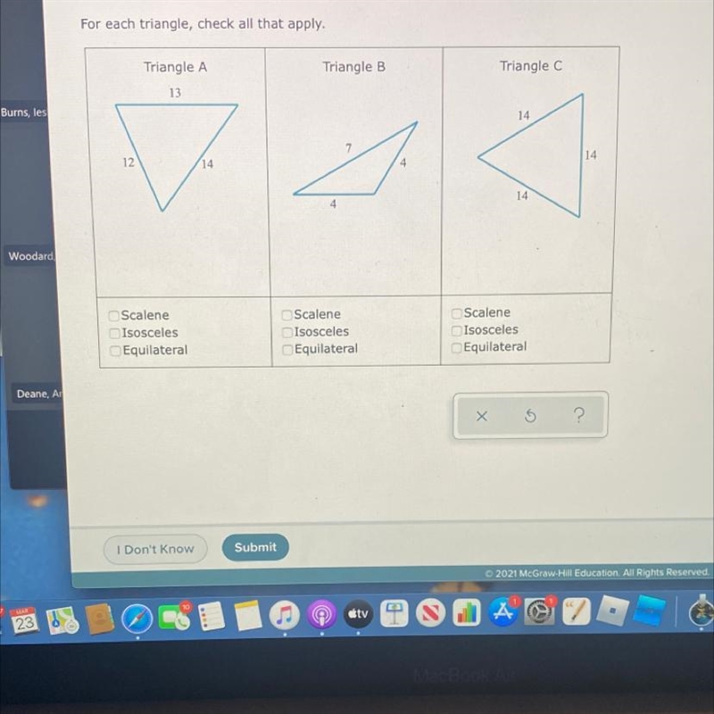 For each triangle, check all that apply. Triangle A Triangle B Triangle C 13 14 les-example-1