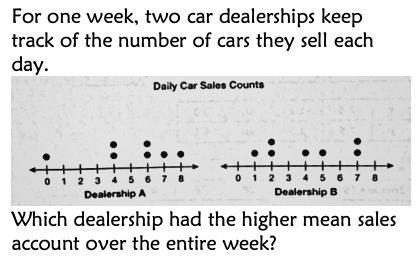 For one week 2 car dealerships keep track of the number of cars they sell each day-example-1