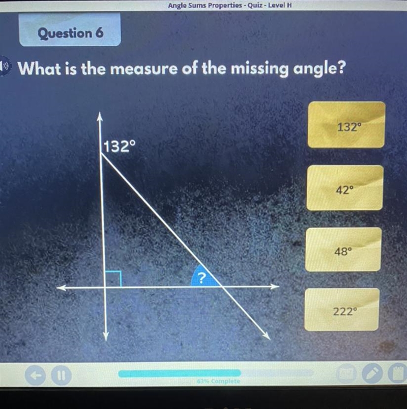 What is the measure of the missing angle?-example-1