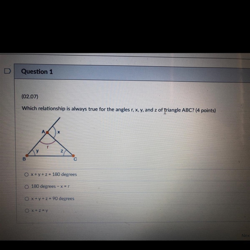 (02.07) Which relationship is always true for the angles r. x, y, and z of Triangle-example-1