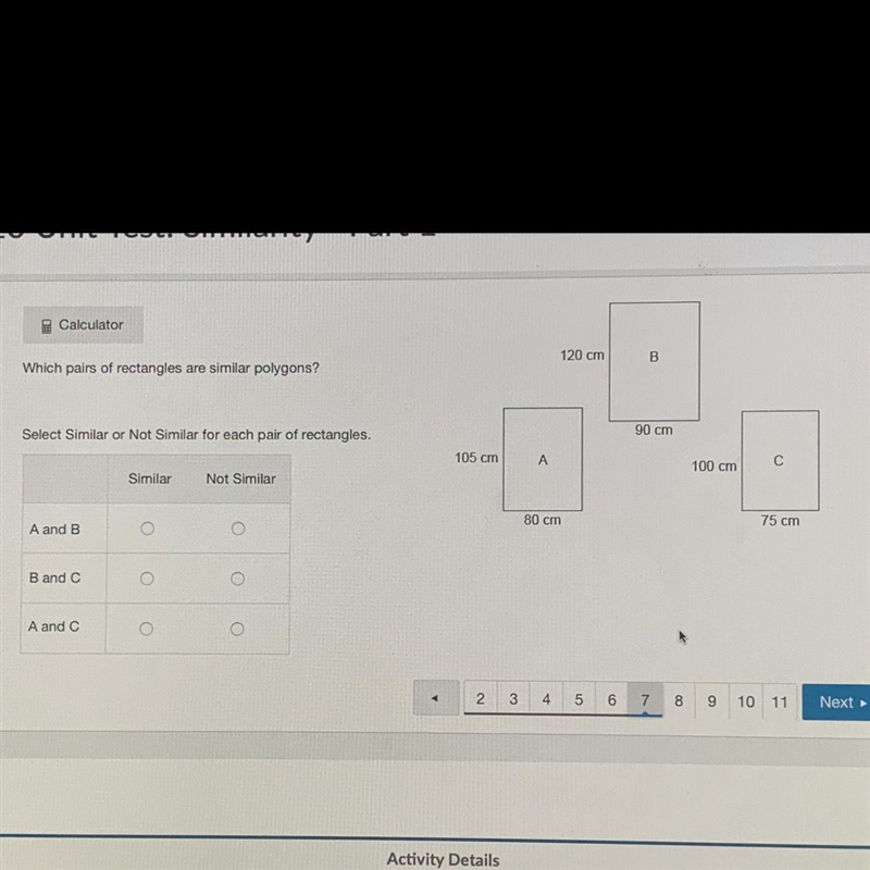 120 cm B Which pairs of rectangles are similar polygons? Select Similar or Not Similar-example-1