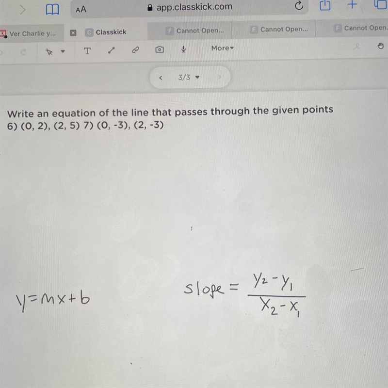 Write an equation of the line that passes through the given points 6) (0, 2), (2, 5) 7) (0, -3), (2, -3)-example-1