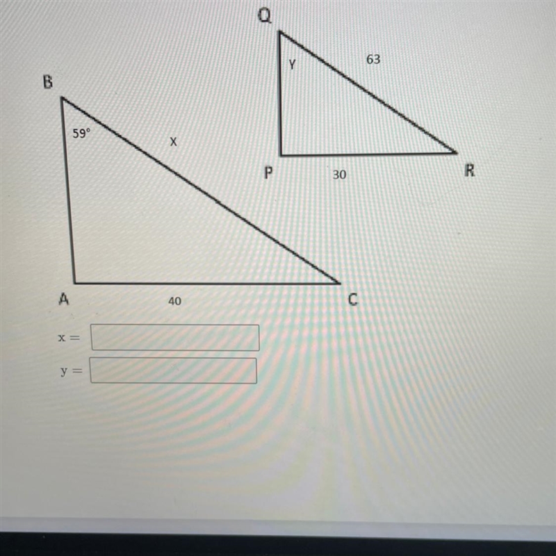 The two triangles are similar. Find the values of the unknown variables. 63 B 59° Р-example-1