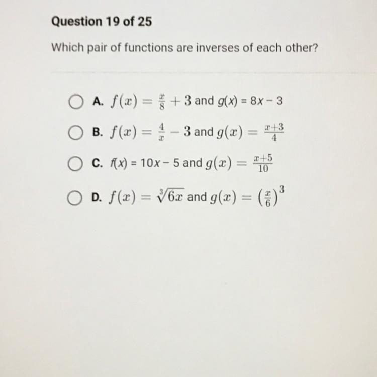 Which pair of functions are inverse of eachother ?-example-1