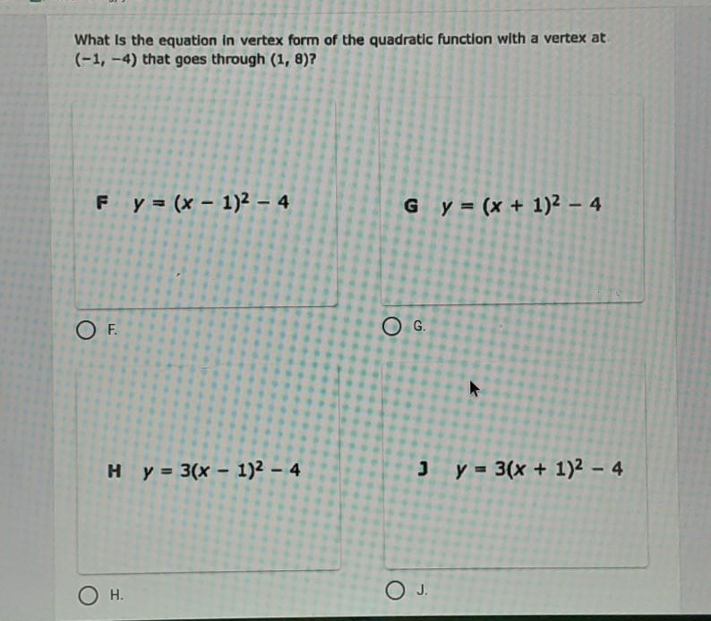 What is the equation in vertex form of the quadratic function with a vertex at (-1,-4) that-example-1