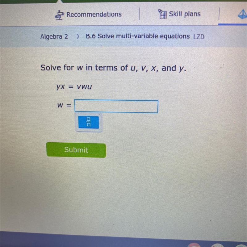 Solve for w in terms of u-example-1