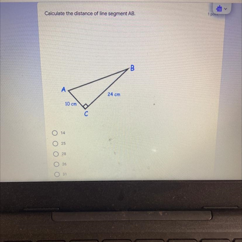 Calculate the distance of line segment AB. 1 pm B A 24 cm 10 cm с 14 O 25 O 28 0 26 O-example-1