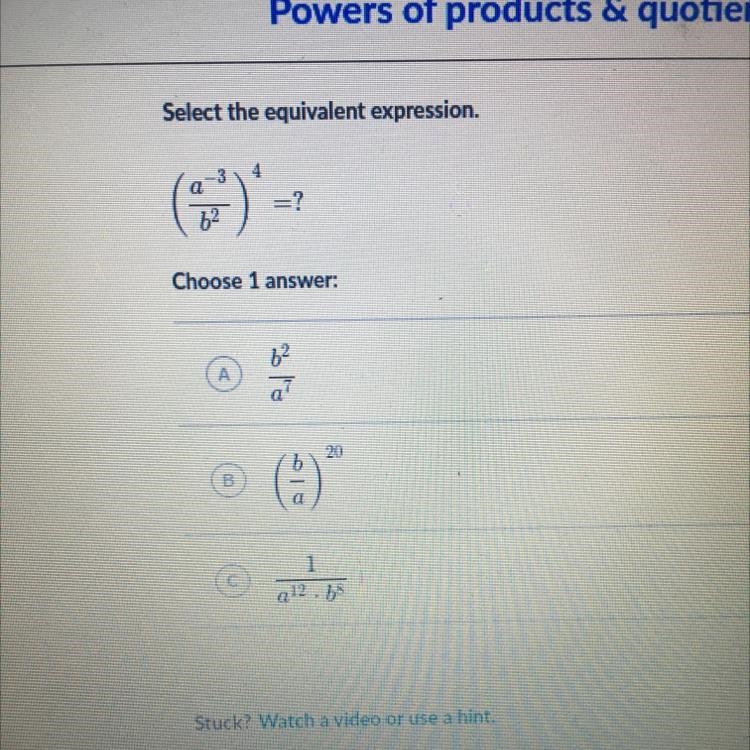 Powers of products and quotients (integer exponents)-example-1