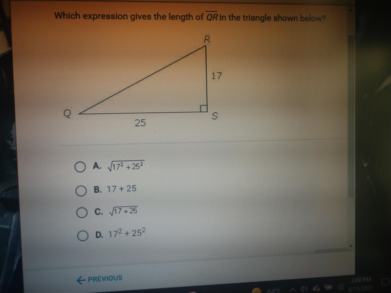 Which expression gives the length of QR in the triangle shown below?-example-1