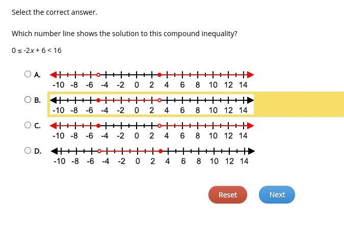 Which number line shows the solution to this compound inequality? 0 ≤ -2x + 6 &lt-example-1