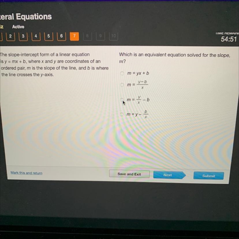 The slope-intercept form of a linear equation is y = mx + b, where x and y are coordinates-example-1