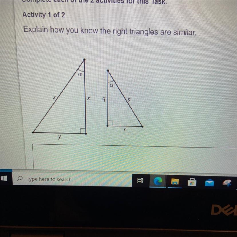 Explain how you know the right triangles are similar.-example-1