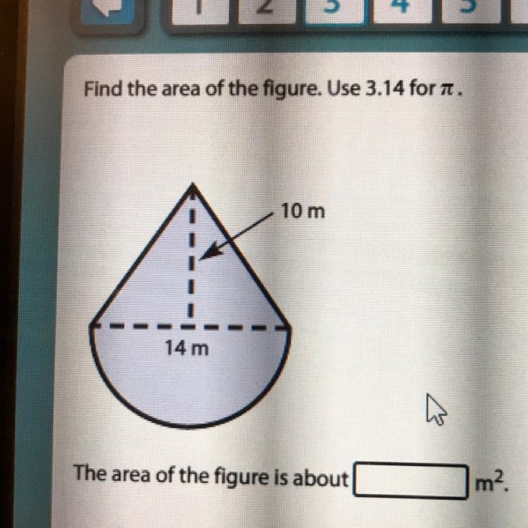 Find the area of the figure. Use 3.14 for A. 10 m 14 m The area of the figure is about-example-1