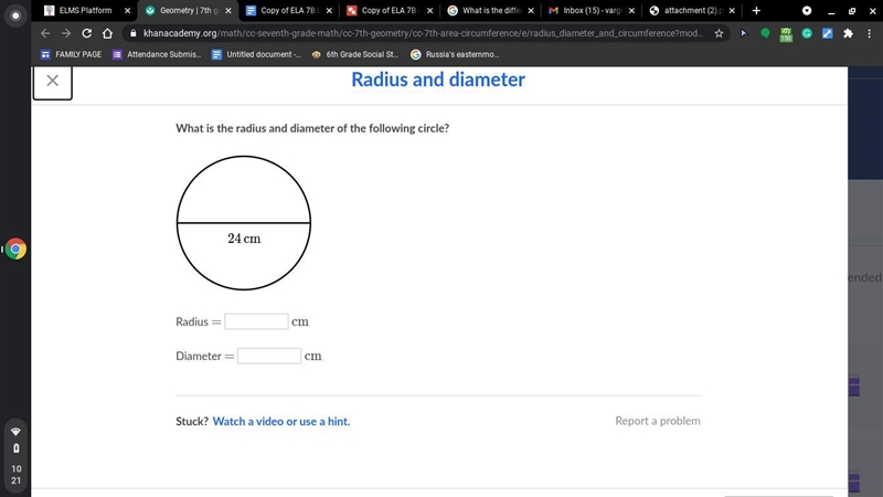 What is the radius and diameter of the following circle?-example-1