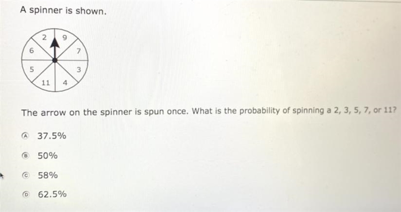 A spinner is shown. The arrow on the spinner us spun once. What is the probability-example-1