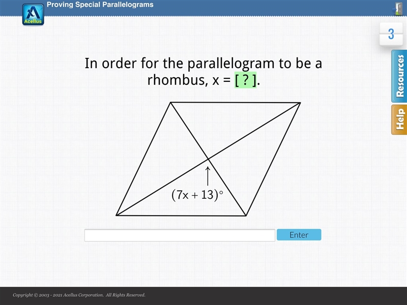 In order for the parallelogram to be a rhombus, x=? (7x+13)º-example-1