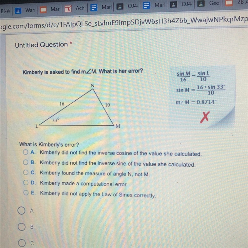 4 points Untitled Question Kimberly is asked to find mZM. What is her error? N sin-example-1