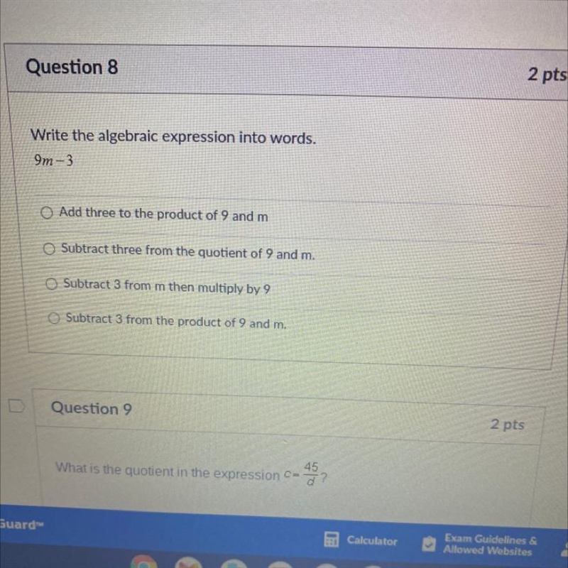 Write an algebraic expression into words 9m-3-example-1