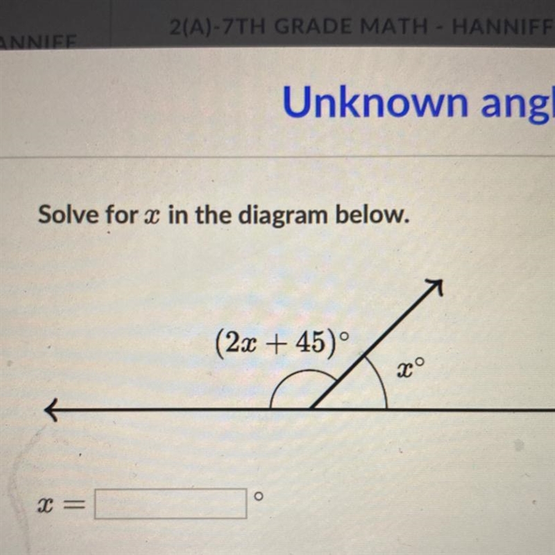 Solve for x in the diagram below. (2x + 45)°-example-1