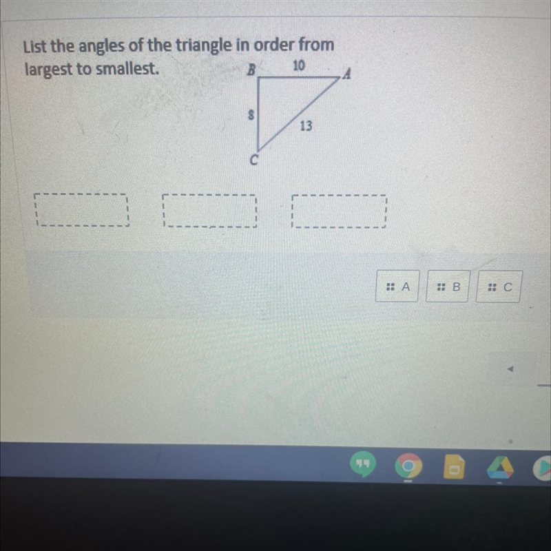 List the angles of the triangle in order from largest to smallest.-example-1