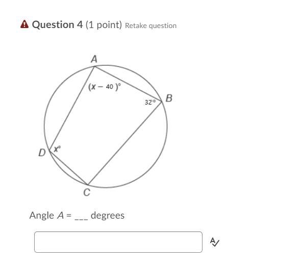 PLEASE HELP ME ACE THIS angle a = ___ degrees-example-1