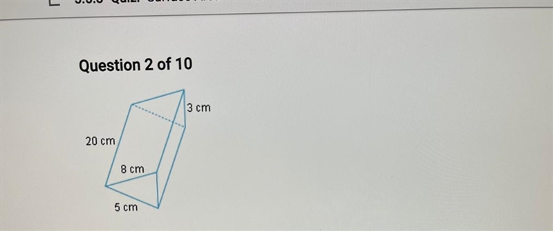 3 cm 20 cm 8 cm 5 cm Find the lateral surface area of the solid above.-example-1