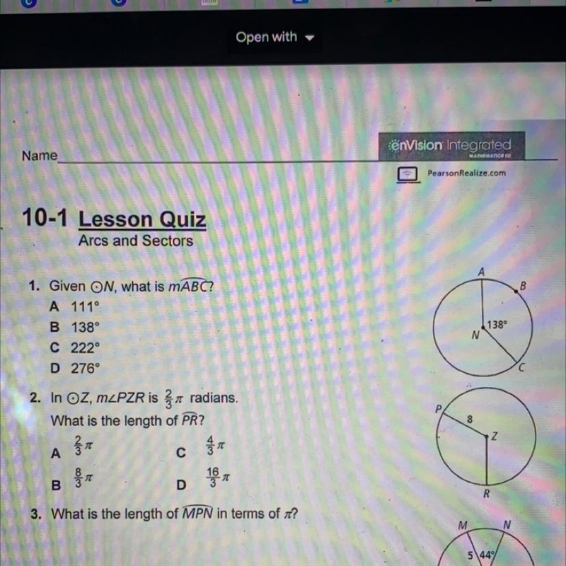 #2 In OZ, m What is the length of PR? A. 2/3 pi B. 8/3 pi C. 4/3 pi D. 16/3 pi-example-1