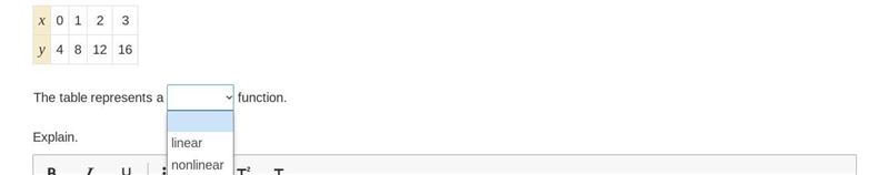 Does this table represent a liner or nonlinear function-example-1