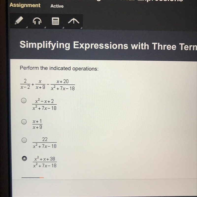 Perform the indicated operations: 2/x-2+x/x+9-x+20/x2+7x-18-example-1