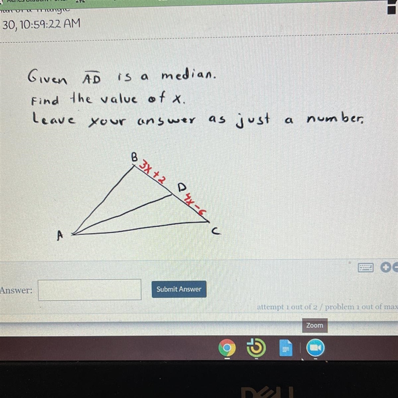 Help pleasee it says given AD is a median. find the value of x.-example-1