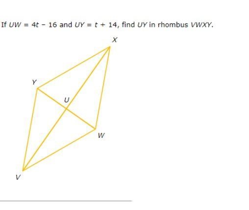 If UW=4t-16 and UY=t+14, find UY in Rhombus VWXY-example-1